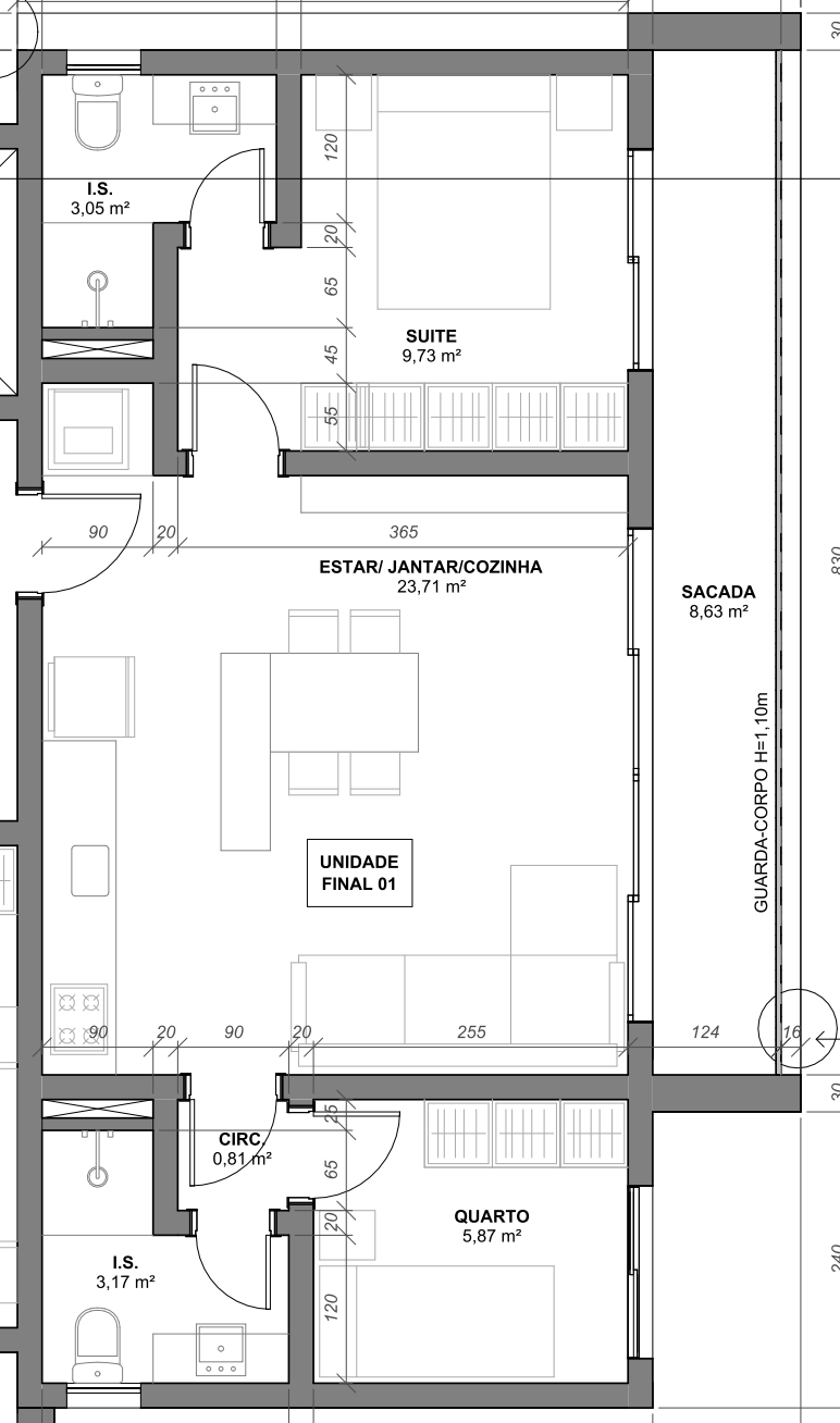 Planta técnica real da tipologia de 2 quartos do UpHill 467